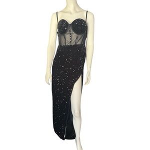 Beautiful Sequin Mesh Panel Split Thigh Maxi, Cami Dress Black XL NWOT